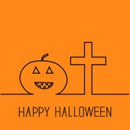 Contour pumpkin and cross Happy Halloween card Orange background Flat