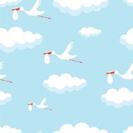 seamless vector wallpaper of cute stork with baby