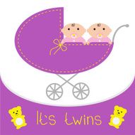 Baby carriage It&#039;s twins girls Shower card Flat design