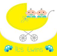 Baby carriage It&#039;s twins boys Shower card Flat design