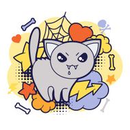 Halloween kawaii print or card with cute doodle cat