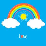 Rainbow clouds and sun Dash line Love card Flat design