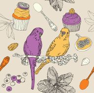 Cute birds in vector Cupcake and parrots card
