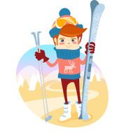 Hipster skier in front of slopes with ski and pole