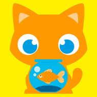 Cartoon Adorable Cat With A Fish In Fishbowl