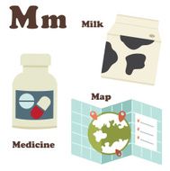 Alphabet M letter Map Medicine Milk