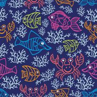 Funny Fish and corals Colored Doodle seamless pattern
