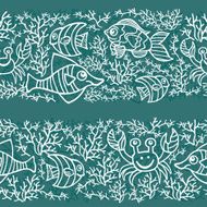 Funny Sea Life and Fish Outline Doodle seamless border