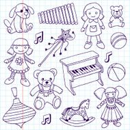 Hand drawn doodle girls toys set Vector illustration School notebook