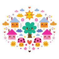 cute houses tree sun mushrooms flowers and clouds vector illustration