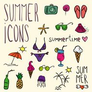 doodle hand drawn colorful summer icons collection