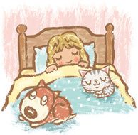 Sleeping girl with dog and cat