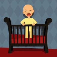 Crying Baby in Crib Retro Style Cartoon