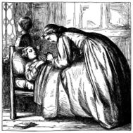 Victorian mother with two children in their bedroom