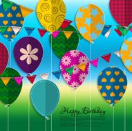 Vector birthday card with paper balloons bunting flags and text