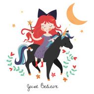 Whimsical girl on black unicorn