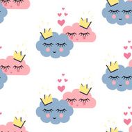 Seamless pattern with smiling sleeping clouds in love