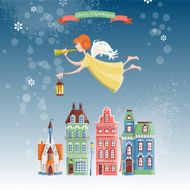 Christmas angel with trumpet and lamp flying over winter city