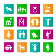 Set of Universal Family Icons on Square Colored Buttons N3