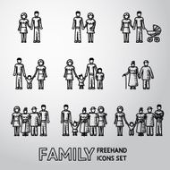 Multigenerational family freehand icons set with all ages members Vector