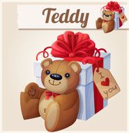 Teddy bear and the big gift box with red bow