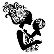 Beautiful mother silhouette with baby in a sling Floral illustr N2