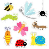 Insect sticker set Ladybug dragonfly butterfly caterpillar ant spider Flat