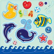 Set of buttons cartoon animals and word SEA for chilfren