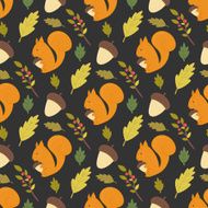 Seamless forest pattern with leaves berries acorns and squirrel