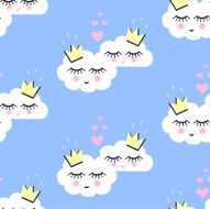 Seamless pattern with white smiling sleeping clouds in love