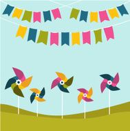 Festival party birthday poster with color pinwheels on green grass
