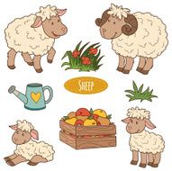 Set of cute farm animals and objects vector family sheep