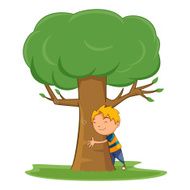 Kid hugging tree vector illustration