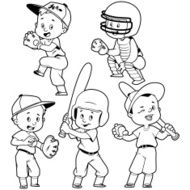 Cartoon kids playing baseball Outline