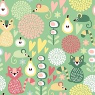 seamless floral kids vector pattern with cat and mouse