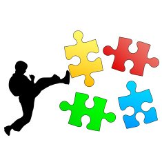 Jigsaw puzzle silhouette of karate breaks leg