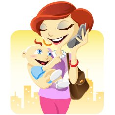 Working Mom with Mobile Phone and Carrying Baby