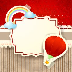 Hot air balloon and rainbow over cardboard background