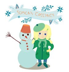 Cheerful girl with a snowman and text Season's Greetings
