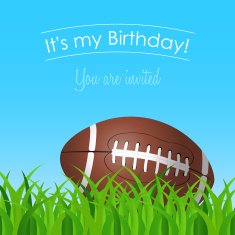 invitation to the birthday party with a football on grass