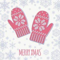 Christmas greeting card with knitted mittens and snowflakes