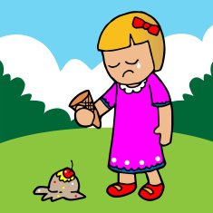 The girl regretted the ice cream falling