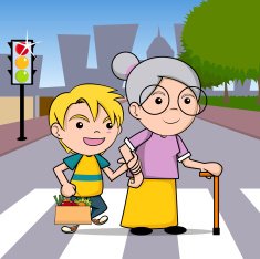 Child helping old lady cross the street