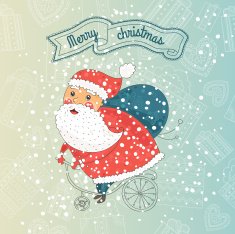 Christmas card with santa on bike snow background N2