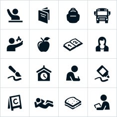 Set of black icons related to elementary school