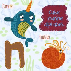 Sea very cute Alphabet marine set in vector N letter Narwhal Na