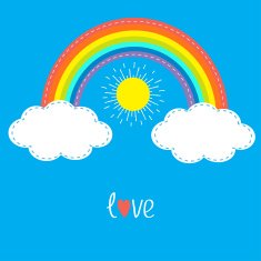 Rainbow clouds and sun Dash line Love card Flat design