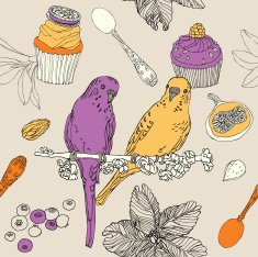 Cute birds in vector Cupcake and parrots card