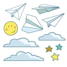 Vector set with isolated paper planes stars moon clouds N2