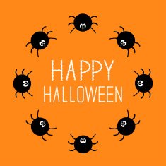 Cute cartoon spider round frame Halloween card Orange background